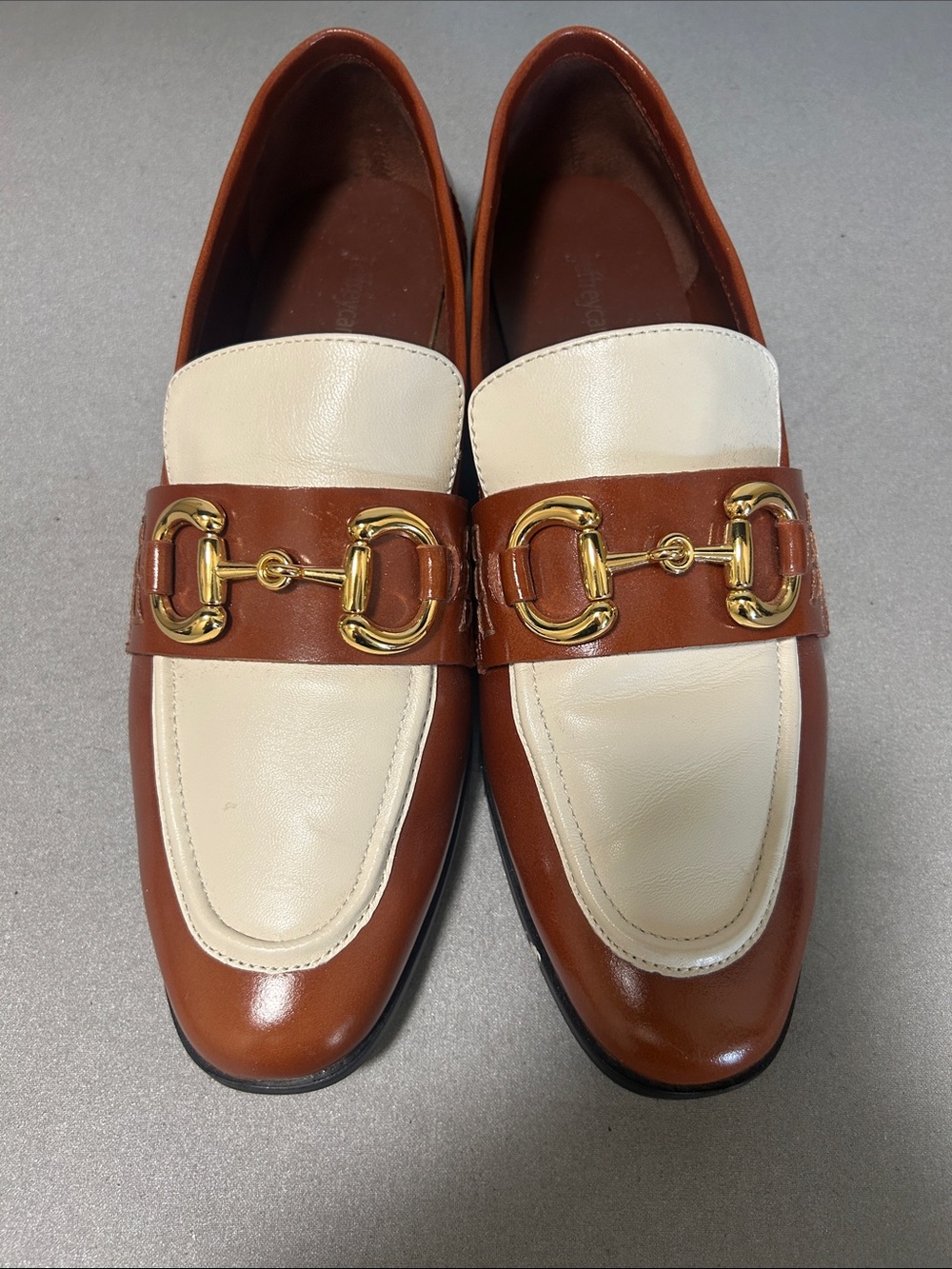 Jeffrey Campbell Brown and Cream Leather Loafers with Gold Horsebit